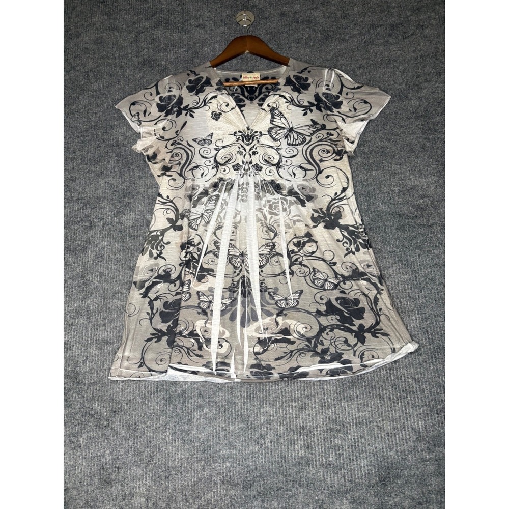 Y2K Womens XXL Butterfly Floral Damask V-Neck Tunic Top Grey Black